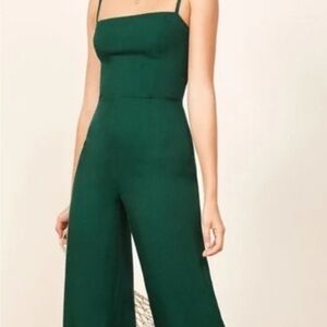 Reformation Forest Green Square-Neck Wide-Leg Jumpsuit